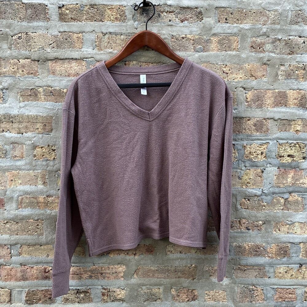frankie & true Women's Brown Waffle Knit V-Neck Pullover Sweater Long Sleeve M